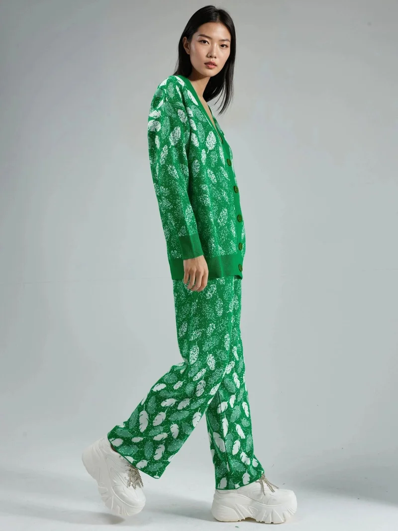 MY FASHION Green MY FASHION V-Neck Jacquard Knit Cardigan and Wide Leg Pants Set for Women | Best Price UAE